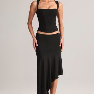 Modal Low-Rise Asymmetric Midaxi Skirt in Black