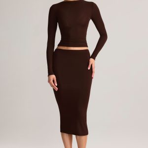 Modal Mid-Rise Pencil Midi Skirt in Chocolate Brown