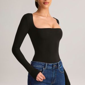 Modal Square-Neck Long-Sleeve Top in Black