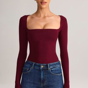 Modal Square-Neck Long-Sleeve Top in Wine
