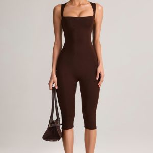 Modal Square-Neck Bodycon Capri Jumpsuit in Chocolate Brown