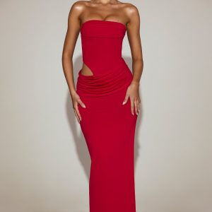 Soft-Jersey Bandeau Cut-Out Maxi Dress in True Red