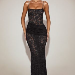 Sheer Lace Square-Neck Ruched Gown in Black