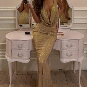 Embellished Cowl-Neck Backless Gown in Gold
