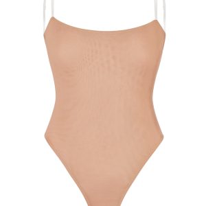 Soft Mesh Invisible Strap Thong Bodysuit in Warm Peach