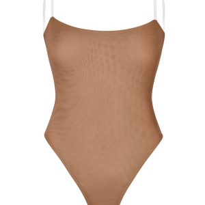 Soft Mesh Invisible Strap Thong Bodysuit in Honey
