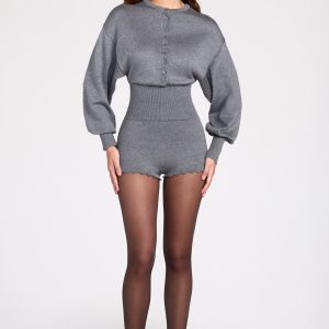 Fine-Knit Long-Sleeve Romper in Grey