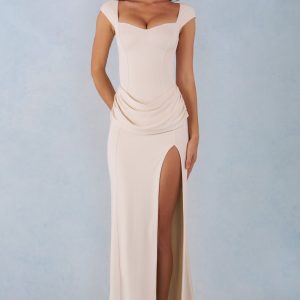 Modal Sweetheart-Neck Cowl-Waist Maxi Dress in Ivory