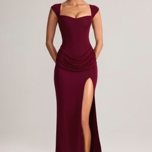 Modal Sweetheart-Neck Cowl-Waist Maxi Dress in Wine
