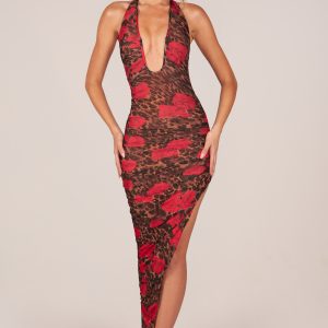 Halterneck Split Hem Midaxi Dress in Rose Leopard Print