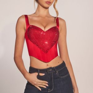 Sweetheart-Neck Lace-Up Corset Top in Rose Red