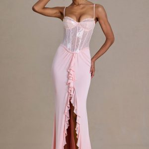 Premium Embellished Lace Corset Gown in Baby Pink
