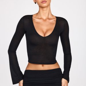 Sheer Jersey Plunge Long-Sleeve Top in Black
