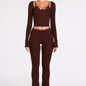 Modal Mid-Rise Flared Trousers in Chocolate Brown