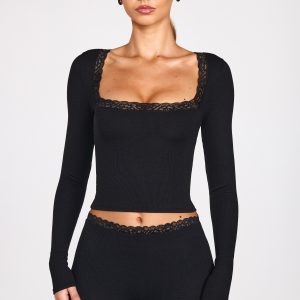 Ribbed Modal Square-Neck Long-Sleeve Top in Black