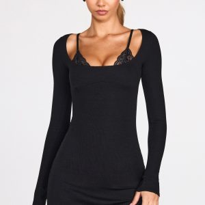 Ribbed Modal Long-Sleeve Laced Bra Mini Dress in Black