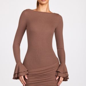 Ribbed Modal Long-Sleeve Draped Mini Dress in Mocha