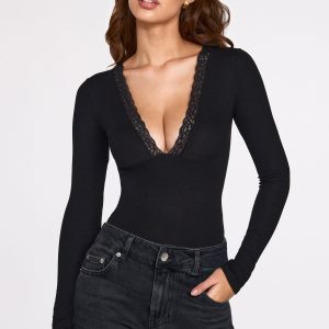 Ribbed Modal Long-Sleeve Plunge Bodysuit in Black