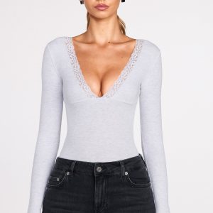 Ribbed Modal Long-Sleeve Plunge Bodysuit in Grey