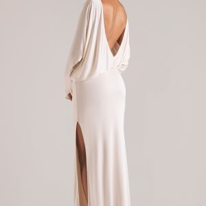 Long-Sleeve Draped Maxi Dress in Ivory