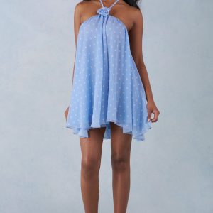 Halterneck Babydoll Mini Dress in Blue Polka Dot Print