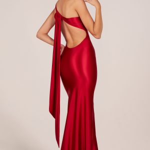 Asymmetric Tie-Back Gown in Rose Red