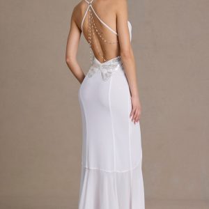 Premium Chiffon Cowl-Neck Open-Back Gown in White