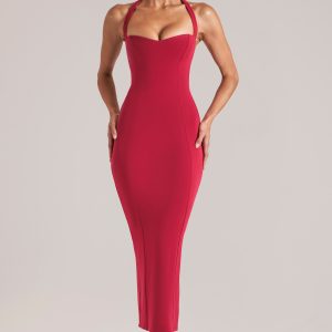 Halterneck Midaxi Dress in Cherry Red