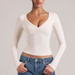 V-Neck Long-Sleeve Top  in Ivory