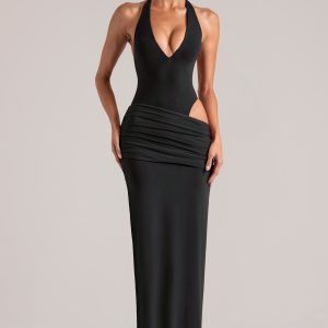 Deep Plunge Halterneck Maxi Dress in Black