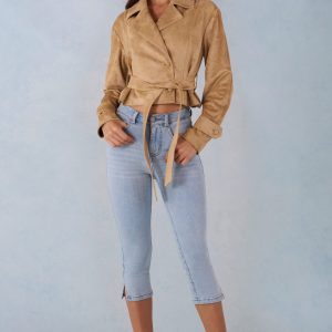 Faux Suede Cropped Belted Jacket in Tan