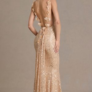 Premium Embellished Open-Back Maxi Dress in Gold