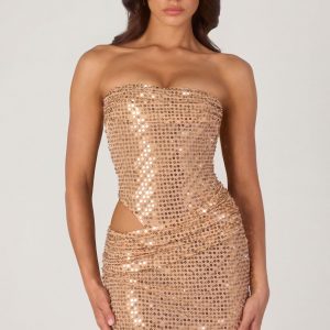 Embellished Cut-Out Mini Dress in Gold