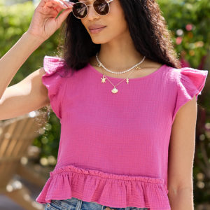 Ruby Pink Gauze Flutter Button Back Woven Blouse