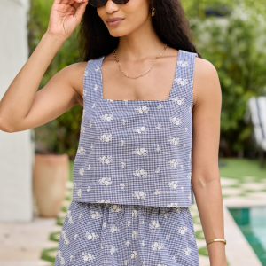 Collins Gingham Floral Embroidered Tank