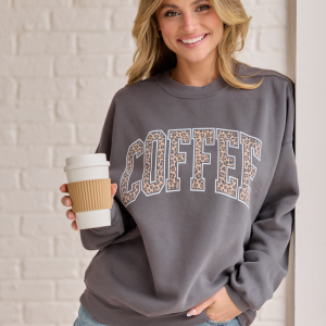 Coffee Leopard Print Dark Grey Graphic Sweatshirt