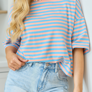 Keep It Casual Blue and Coral Multi Boxy Striped Tee