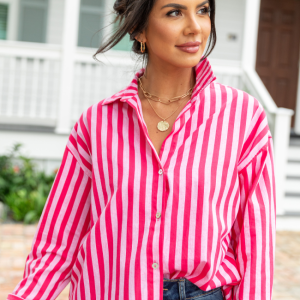 Drew Pink Striped Button Down Top