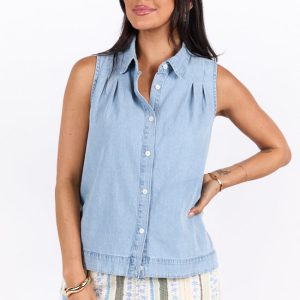 Smooth Sailing Light Wash Sleeveless Collared Chambray Tank