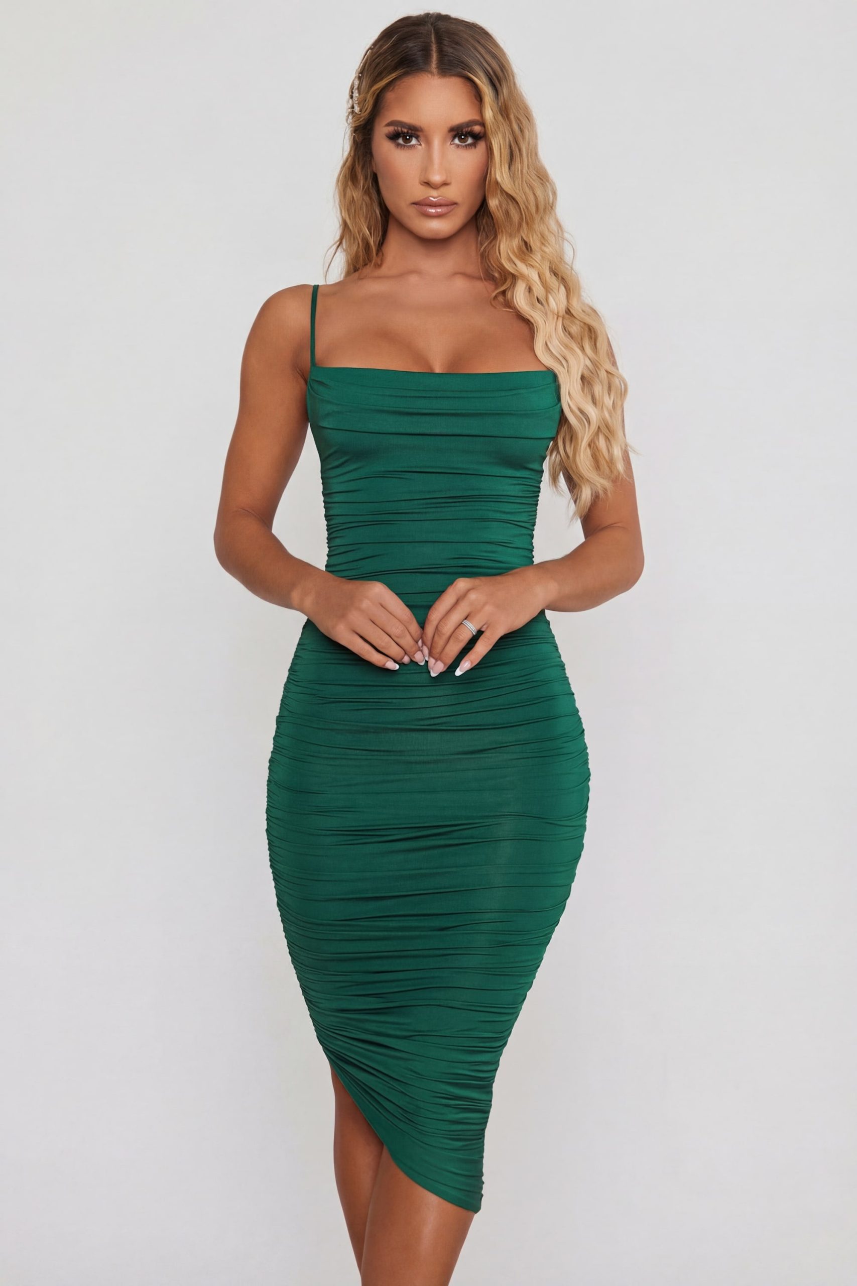 Cowl Neck Ruched Bodycon Midi Dress in Green - Image 4