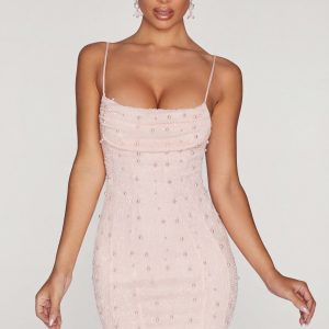 Embellished Cowl Neck Mini Dress in Blush