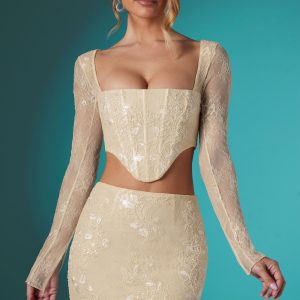 Embellished Lace Bodycon Mini Skirt in Ivory