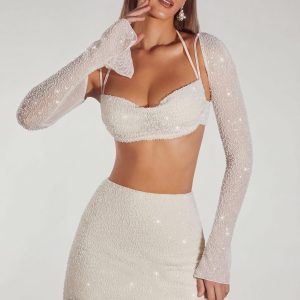 Embellished Long Sleeve Crop Top in Ivory