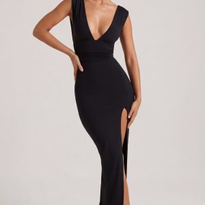 High Split Plunge Neck Maxi Dress in Black
