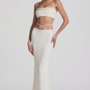 Embellished Cross Back Crop Top in White