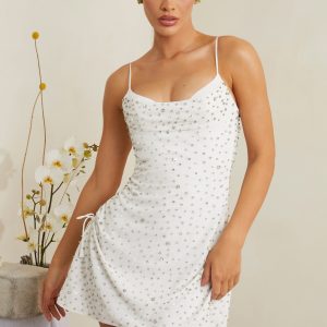 Hand Embellished Cowl Neck Mini Dress in White