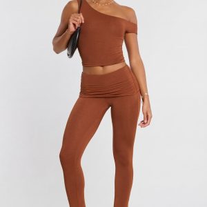 Mid Rise Modal Cashmere Blend Trousers in Chestnut Brown