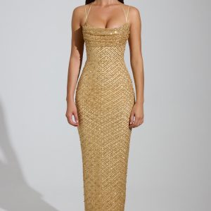 Embellished Cowl-Neck Maxi Dress in Gold