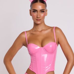 Vinyl Underwired Corset Crop Top in Pink