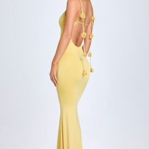 Slinky Jersey Floral-Appliqu???Gown in Pastel Yellow